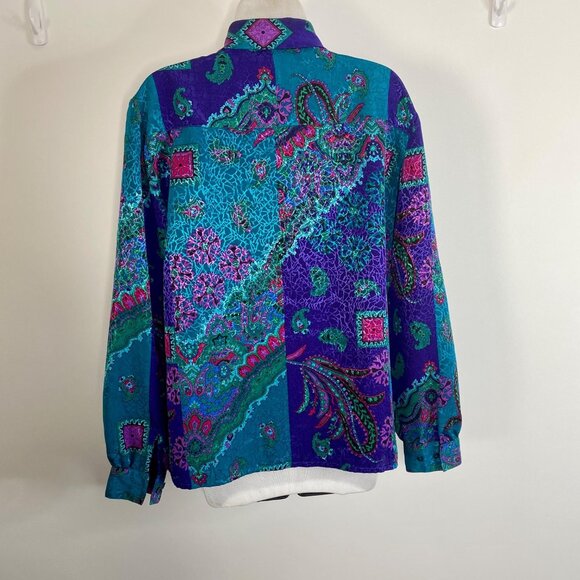 Vintage Tan Jay Womens Blouse Hidden Buttons Bow Size 12 Blue - Picture 5 of 8